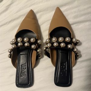 Zara Beige and Black Mules with Pearl Details